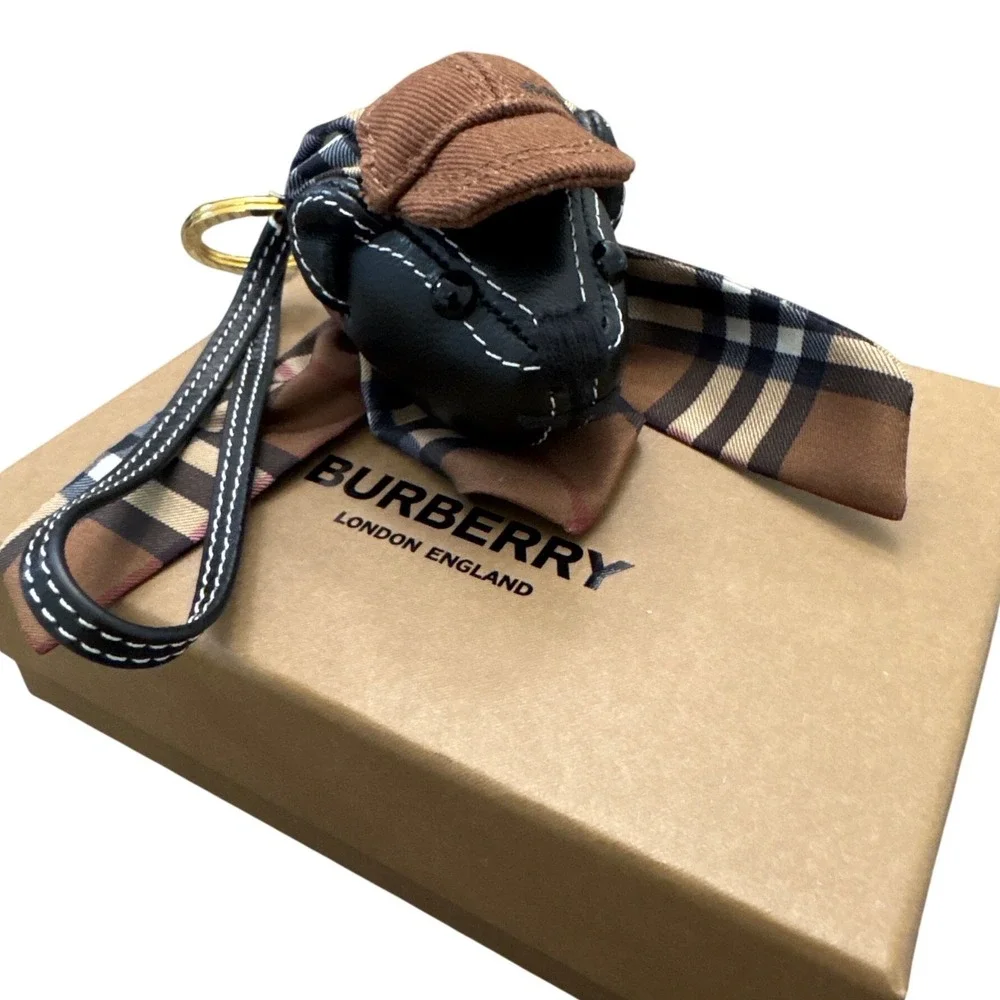 Burberry Thomas Bear Bag Charm Keychain Brown Cap Check Scarf Leather w/ Box - Picture 1 of 10